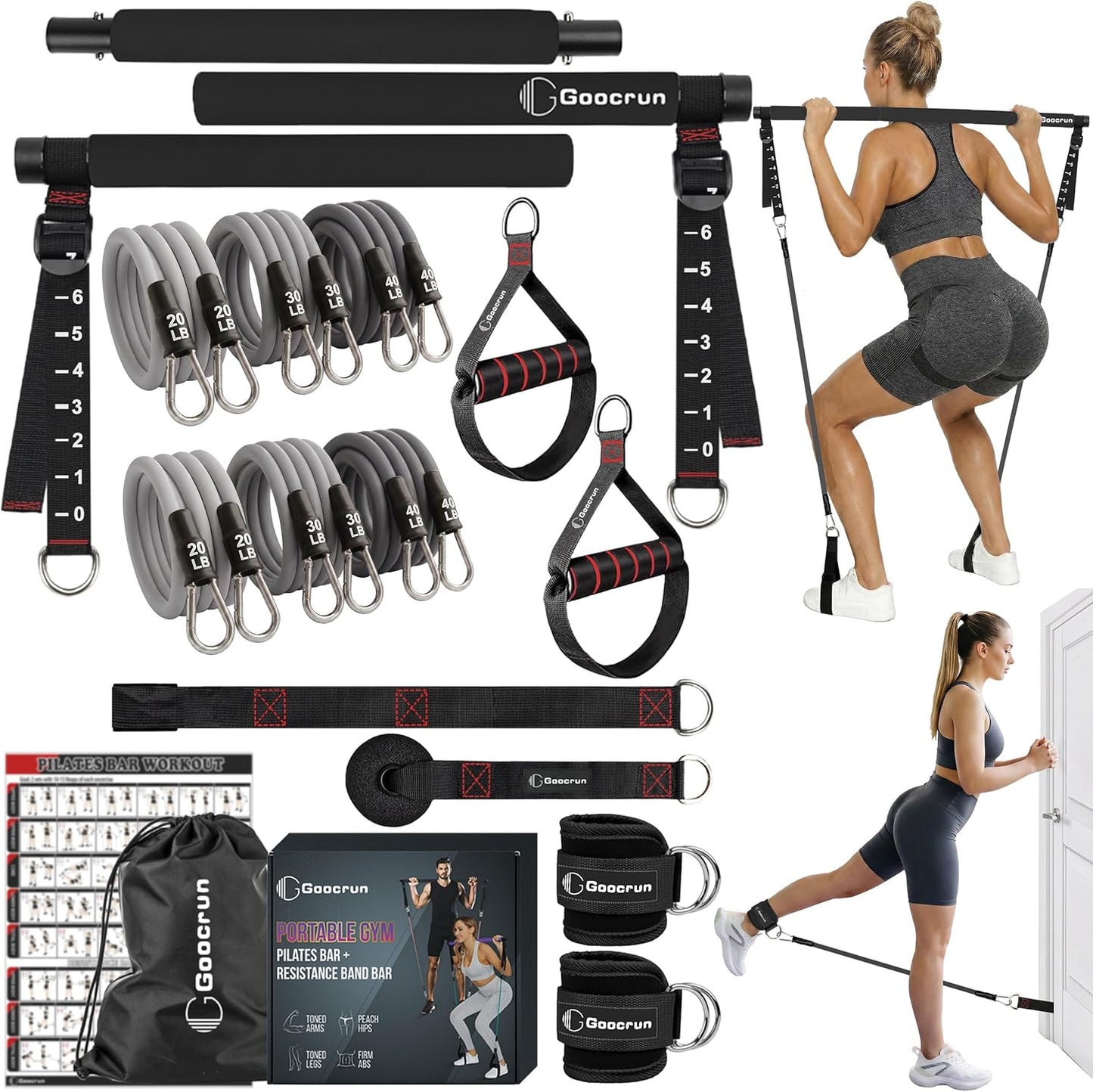 Portable Pilates Bar Kit with Resistance Bands for Men and Women - 3 Set Exercise Resistance Bands - Multifunctional Home Gym - Supports Full-Body Workouts – with Fitness Poster and Video
