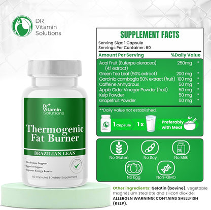 Thermogenic Fat Burner Brazilian Lean, Weight Loss Pills for Women, Waist Trimmer & Supplements for Bloating for Women & Men, 60 Capsules