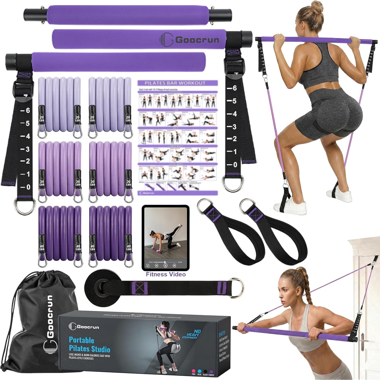 Portable Pilates Bar Kit with Resistance Bands for Men and Women - 3 Set Exercise Resistance Bands - Multifunctional Home Gym - Supports Full-Body Workouts – with Fitness Poster and Video