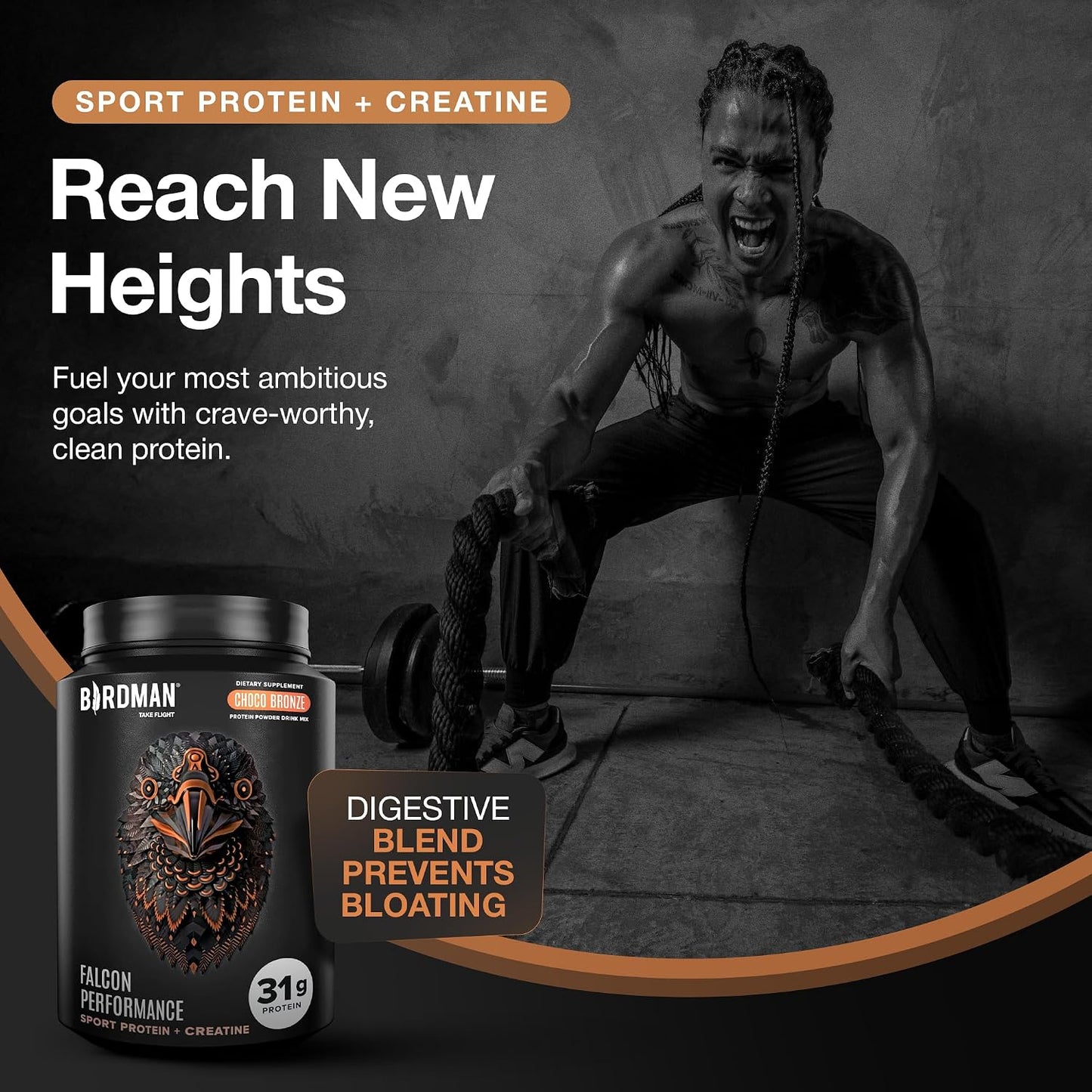 Falcon Performance Vegan Protein Powder, 31G Protein, 5G Creatine, 5G BCAA, Probiotics, Electrolytes, Pre Workout, Low Carb, Sugar Free & Dairy Free, Plant Based Chocolate Protein -19 Servings