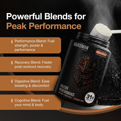 Falcon Performance Vegan Protein Powder, 31G Protein, 5G Creatine, 5G BCAA, Probiotics, Electrolytes, Pre Workout, Low Carb, Sugar Free & Dairy Free, Plant Based Chocolate Protein -19 Servings