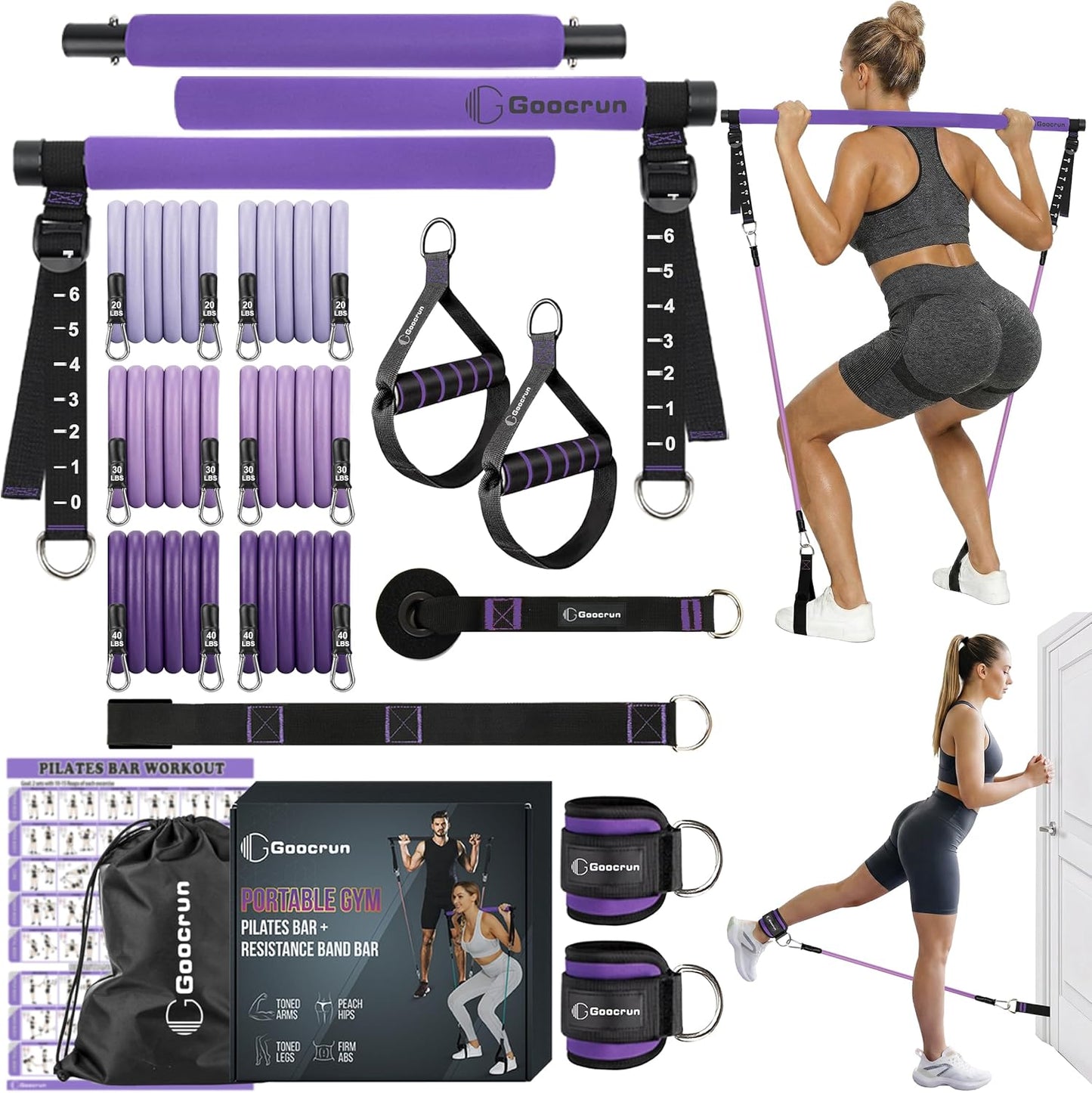 Portable Pilates Bar Kit with Resistance Bands for Men and Women - 3 Set Exercise Resistance Bands - Multifunctional Home Gym - Supports Full-Body Workouts – with Fitness Poster and Video