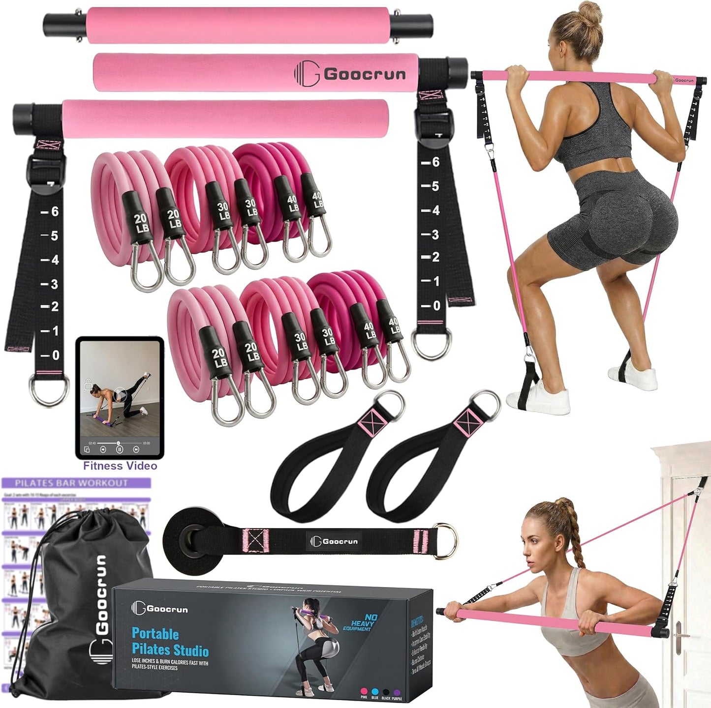 Portable Pilates Bar Kit with Resistance Bands for Men and Women - 3 Set Exercise Resistance Bands - Multifunctional Home Gym - Supports Full-Body Workouts – with Fitness Poster and Video
